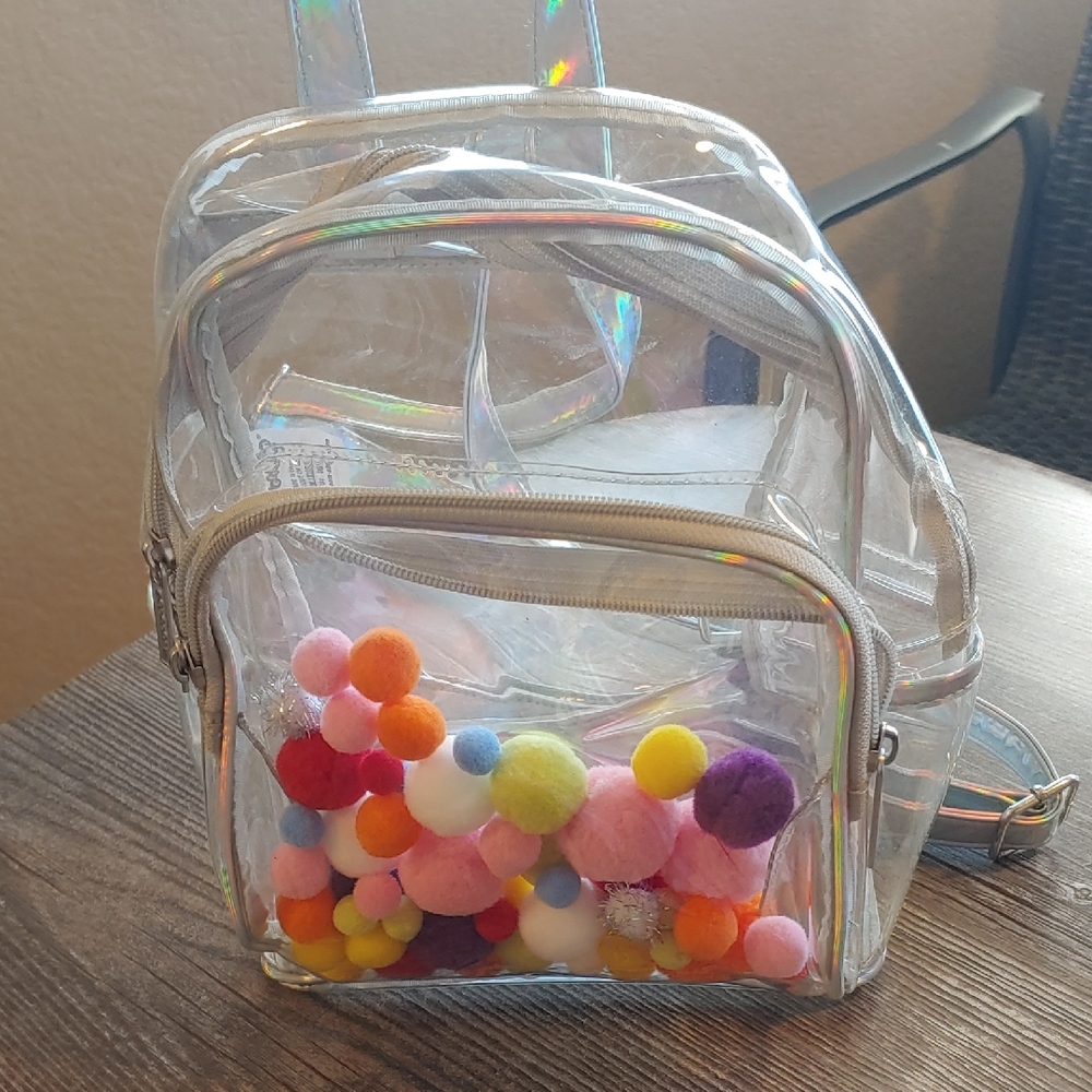 Holographic Clear Kids Backpack with Pom Poms By Iscream
